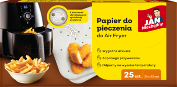 Opakowanie Jan Niezbędny Papier do pieczenia Air Fryer w arkuszach, żółte, z frytkownicą i frytkami. 25 szt.