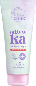 Odżywka OnlyBio x Invisibobble nabłyszczająca, rozplątująca, w jasnozielonej tubie z fioletowym napisem. Widok z przodu.