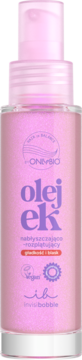 Różowy olejek OnlyBio x Invisibobble do włosów, nabłyszczająco-rozplątujący, w butelce z atomizerem, widok z przodu.