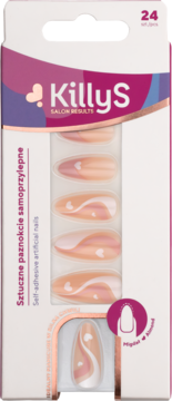 Sztuczne paznokcie KillyS Pink Waves 24 sztuki, samoprzylepne, różowe fale i serca, kształt migdała, widok opakowania.