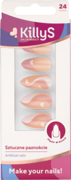 KillyS sztuczne paznokcie w kształcie migdała, 24 sztuki, różowy wzór Pink Waves z serduszkami. Widok z przodu.