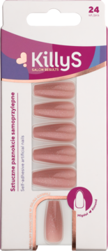 KillyS samoprzylepne paznokcie, różowy brokat, kształt Coffin, 24 sztuki w opakowaniu, widok z przodu.