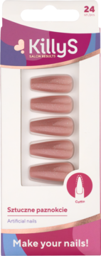 Sztuczne paznokcie KillyS Pink Glitter, kształt Coffin, 24 szt. w opakowaniu, widok z przodu.