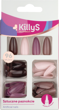 KillyS sztuczne paznokcie 96 szt. Stiletto w odcieniach brązu, jasnego różu i fioletu, front opakowania.