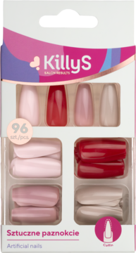KillyS sztuczne paznokcie Coffin, 96 szt. w 4 odcieniach różu, czerwieni i beżu. Widok z przodu opakowania.