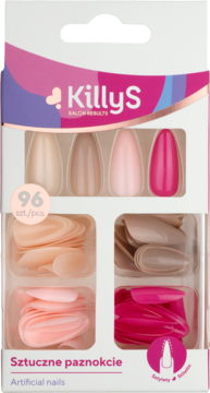 KillyS sztuczne paznokcie, 96 szt. w kształcie sztyletów, odcienie różu i beżu, widok z przodu opakowania.