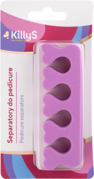 KillyS separatory do pedicure, cztery fioletowe, piankowe kliny do palców w blistrze, widok z przodu na tle opakowania.