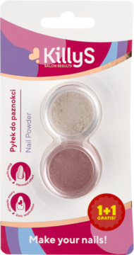 KillyS Nail Powder 1+1 gratis, biało-różowy blister z dwoma pyłkami (jasny, różowy) na efekt syrenki.