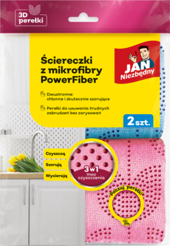 Jan Niezbędny PowerFiber, 2 ściereczki z mikrofibry 3D perełkami (różowa, niebieska), 3w1 czyszczenie, widok z przodu.