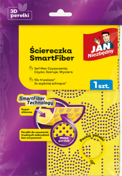 Ściereczka SmartFiber Jan Niezbędny w żółto-fioletowym opakowaniu, z grafiką perełek 3D, widok z przodu.