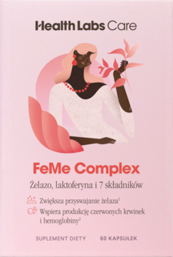 Health Labs Care FeMe Complex, różowe opakowanie suplementu diety z żelazem, laktoferyną, widok z przodu.