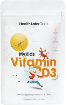 Biała torebka Health Labs MyKids Vitamin D3, wegańskie żelki dla dzieci z rysunkiem słońca i chłopca, przód.