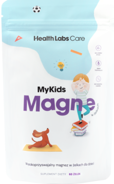Health Labs Care MyKids Magne, wysokoprzyswajalny magnez dla dzieci w żelkach. Biała torebka doypack z ilustracją.