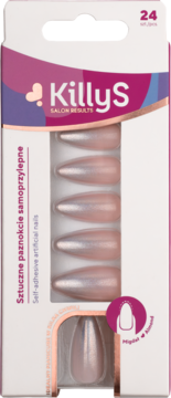 KillyS sztuczne paznokcie samoprzylepne Ombre Glitter w kształcie migdała, różowe, perłowe, w widoku opakowania.