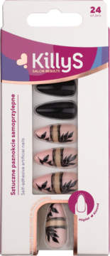 KillyS sztuczne paznokcie samoprzylepne: migdałowe, czarno-różowe ze złotym brokatem i liśćmi, w pudełku. Widok z przodu.