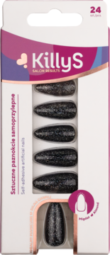 Opakowanie KillyS Black Glitter sztucznych paznokci, samoprzylepne, migdałowy kształt, 24 sztuki, widok z przodu.