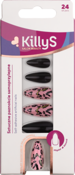 KillyS samoprzylepne paznokcie: czarne i różowe w panterkę z złotem, 24 sztuki, kształt migdał, widok opakowania.