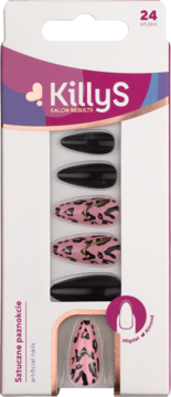 KillyS sztuczne paznokcie 24 szt., czarno-różowa panterka ze złotem, kształt migdał, widok w pudełku.