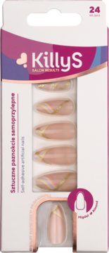 KillyS samoprzylepne paznokcie, beżowe z pastelowymi falami i złotym brokatem, migdał, widok z przodu.