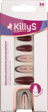 KillyS sztuczne paznokcie samoprzylepne, kształt migdał. Czerwony brokat i beżowe z czarnym wzorem, widok pudełka.