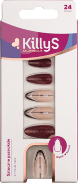 KillyS Red Glitter sztuczne paznokcie. Pudełko, migdałowe: burgundowy brokat i beżowe z czarnym wzorem.