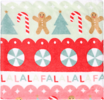 Miękki, polarowy koc świąteczny. Wzory: pierniki, choinki, laski cukrowe i słodycze, widok z góry.