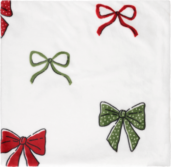 Biała tkanina z eleganckim wzorem w świąteczne, czerwone i zielone kokardki w kropki, widok z góry.