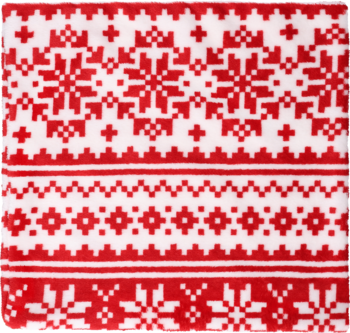 Czerwono-biały koc świąteczny z wzorem w płatki śniegu i geometryczne pasy, widok z góry.