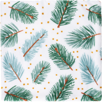 Biały świąteczny wzór z zielonymi i błękitnymi gałązkami jodły oraz złotymi kropkami, ujęcie z góry.