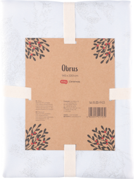 Obrus świąteczny 140x220cm w białym, owiniętym papierze z brązową etykietą ozdobioną czerwoną jemiołą, widok z góry.