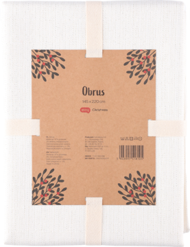 Biały obrus 140x220cm, złożony, w świątecznym opakowaniu z brązowej opaski z czerwonymi jagodami i napisem Christmas.