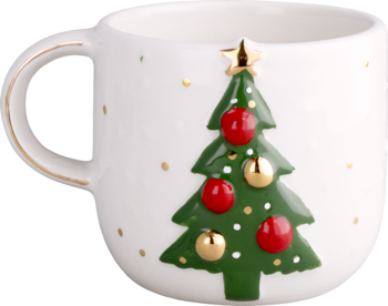 Biały kubek ceramiczny z zieloną choinką, ozdobiony czerwonymi i złotymi bombkami oraz złotą gwiazdą na szczycie.