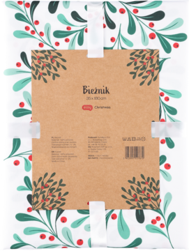 Opakowany biały bieżnik świąteczny 30x180 cm z wzorem zielonych liści i czerwonych jagód, widok z góry.