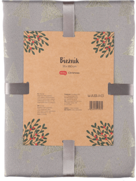 Zapakowany bieżnik świąteczny w szaro-złoty wzór choinek, z etykietą "Bieżnik" i grafiką ostrokrzewu, widok z góry.