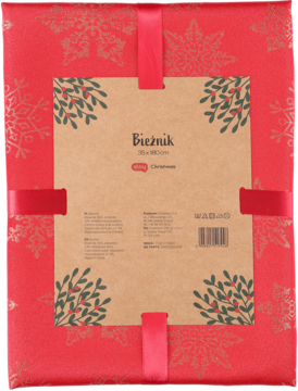 Tylna strona opakowania czerwonego bieżnika świątecznego ze złotymi śnieżynkami, brązową etykietą i wstążką.