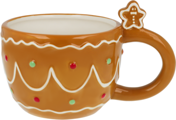 Świąteczny kubek piernikowy, brązowy z białymi wzorami jak lukier i uchwytem w kształcie ludzika, z boku.