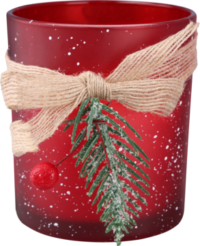 Czerwony szklany świecznik z matowym wykończeniem, ozdobiony jutową kokardą, gałązką świerku i czerwoną jagodą.