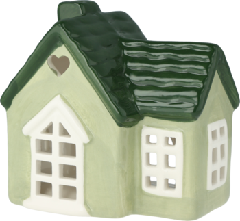 Zielona ceramiczna dekoracyjna chatka z ciemnozielonym dachem, białymi oknami i serduszkiem, widok z przodu.