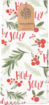 Świąteczna ścierka kuchenna, biała, z wzorem HOLLY JOLLY, czerwone jagody, zielone liście i metka z jemiołą.