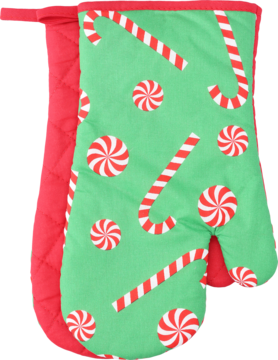 Zielona rękawica kuchenna z świątecznym wzorem cukrowych lasek i cukierków, czerwone wykończenie.
