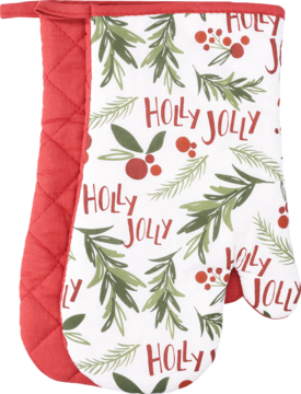 Czerwona rękawica kuchenna w biało-zielony świąteczny wzór z napisem "Holly Jolly", widok z przodu.
