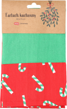Świąteczny fartuch kuchenny 60x75cm, złożony, z zieloną częścią i czerwoną w biało-zielone laski cukrowe.