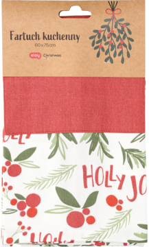 Świąteczny fartuch kuchenny 60x75 cm w biało-czerwone holly, z widoczną częścią na brązowej zawieszce.