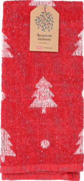 Czerwony ręczniczek kuchenny w świąteczny wzór: białe choinki i kropki, z zawieszką przedstawiającą jemiołę.