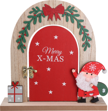 Drewniane drzwi elfów 'Merry X-MAS' z czerwonym Mikołajem, wieńcem i prezentem. Świąteczna dekoracja.