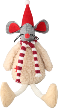 Siedząca pluszowa mysz świąteczna: szara filcowa głowa, czerwona czapka i puszyste beżowe ciało, czerwono-biały szalik.