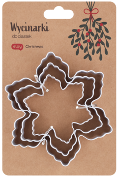 Zestaw trzech białych, zagnieżdżonych foremek do ciastek w kształcie płatka śniegu na świątecznym opakowaniu.