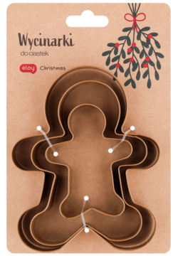 Opakowanie z trzema miedzianymi foremkami do ciastek w kształcie piernikowych ludzików na Boże Narodzenie.