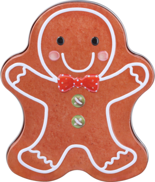 Metalowe pudełko w kształcie ludzika piernikowego, brązowe, biały lukier, czerwona muszka, widok z przodu.