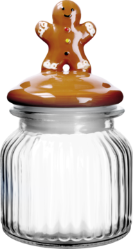 Szklany prążkowany słoik, wypełniony białym cukrem, z brązową ceramiczną pokrywką w kształcie piernikowego ludzika.